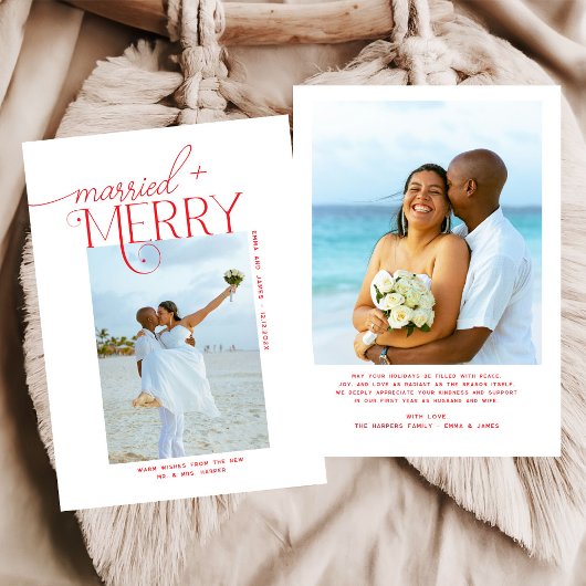 Merry and Married Script Foto Passen getrouwd Feestdagenkaart