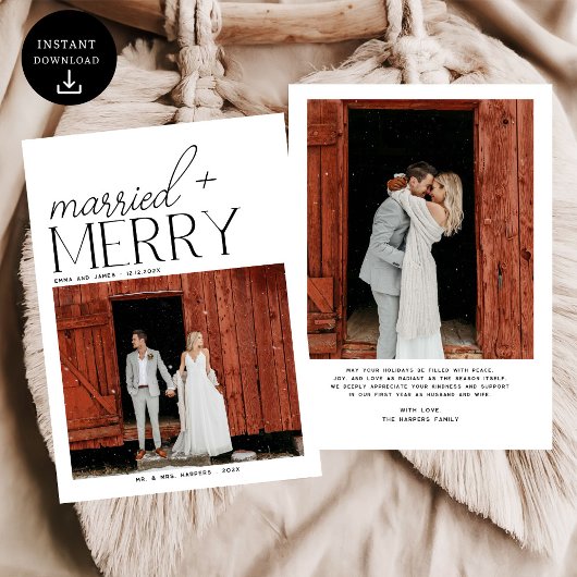 Merry and Married Script Foto Passen getrouwd Feestdagenkaart