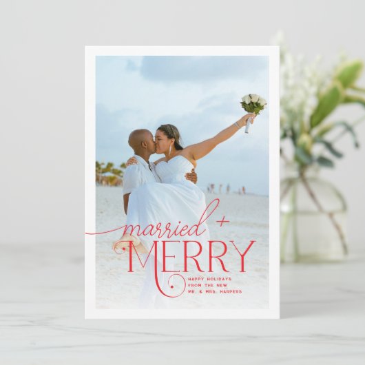Merry and Married Script Foto Passen getrouwd Feestdagenkaart (Staand voorkant)
