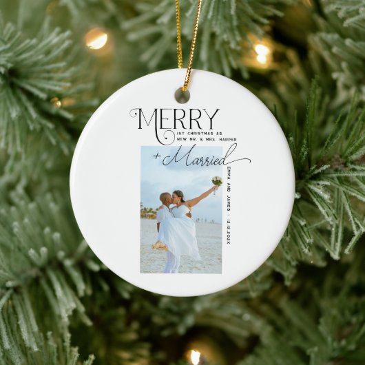 Merry and Married Script Foto Passen getrouwd Keramisch Ornament (Boom)