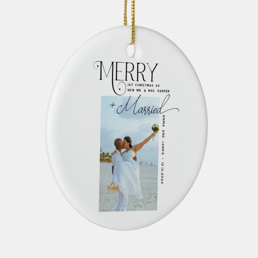 Merry and Married Script Foto Passen getrouwd Keramisch Ornament (Rechts)