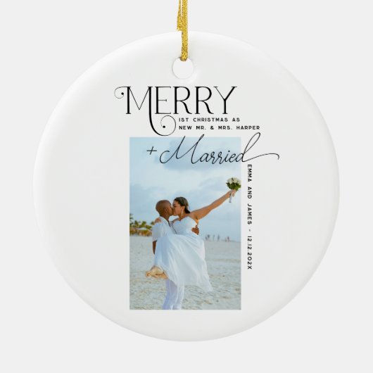 Merry and Married Script Foto Passen getrouwd Keramisch Ornament (Achterkant)