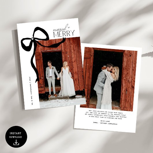 Merry and Married Script Photo Christmas Bow Feestdagenkaart