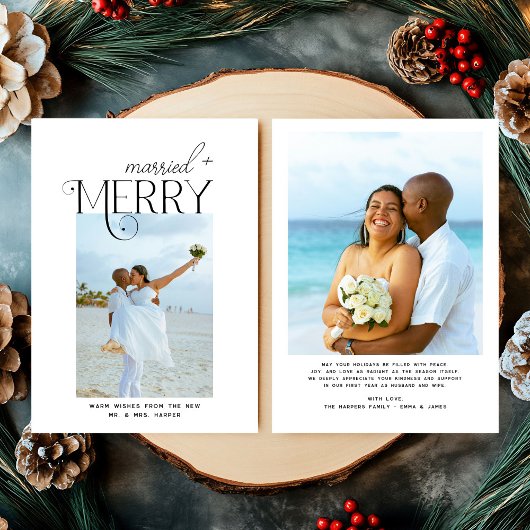 Merry and Married Script Photo Christmas Newlyweds Feestdagenkaart