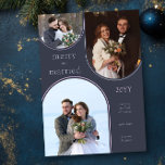 Merry and Married Simple Modern Pas getrouwd 3 Fot Feestdagenkaart<br><div class="desc">Voor uw eerste kerst als een getrouwd stel, deze eenvoudige, retro moderne vakantie foto kaart toont 3 van uw favoriete trouwfoto's of kerst foto's. Uw foto's worden weergegeven in een trio van boogvormige lijsten en het ontwerp is geletterd met "vrolijk en getrouwd". U kunt ook uw gepersonaliseerde tekst toevoegen, zoals...</div>