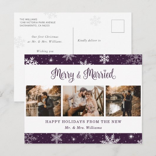 Merry and Married Snowflake Paarse Fotocollage Feestdagenkaart (Voorkant / Achterkant)