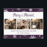 Merry and Married Snowflake Paarse Fotocollage Feestdagenkaart<br><div class="desc">Paarse pasgetrouwde foto vakantie briefkaart met sneeuwvlokken,  een fotocollage en een leuke kalligrafie groet. Personaliseer dit feestelijke vakantie-briefkaart eenvoudig met uw foto's en tekst.</div>