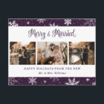 Merry and Married Snowflake Paarse Fotocollage Feestdagenkaart<br><div class="desc">Paarse pasgetrouwde foto vakantie briefkaart met sneeuwvlokken,  een fotocollage en een leuke kalligrafie groet. Personaliseer dit feestelijke vakantie-briefkaart eenvoudig met uw foto's en tekst.</div>