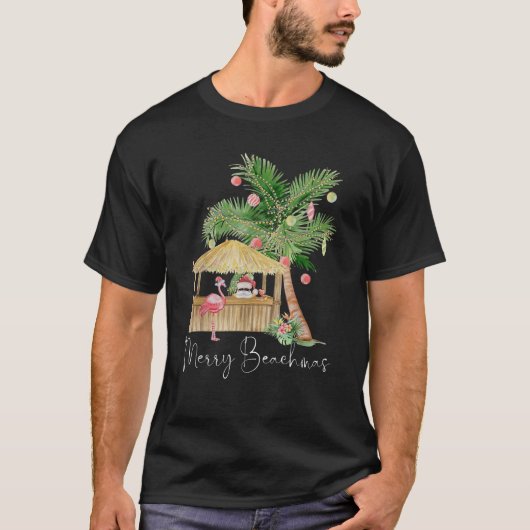 Merry Beachmas Hawaiian Pink Flamingo Palm Tree CH T-shirt (Voorkant)