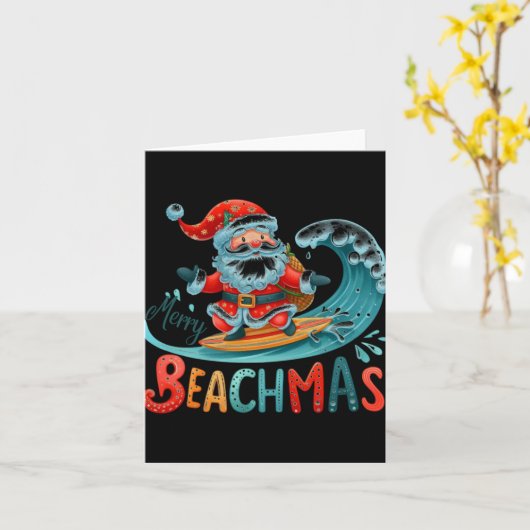 Merry Beachmas Santa Surfing Retro Design T Shirt  Kaart (Gele Bloem)