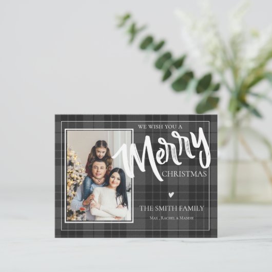 Merry Black Pset Tartan Foto voor kerst Feestdagenkaart (Staand voorkant)