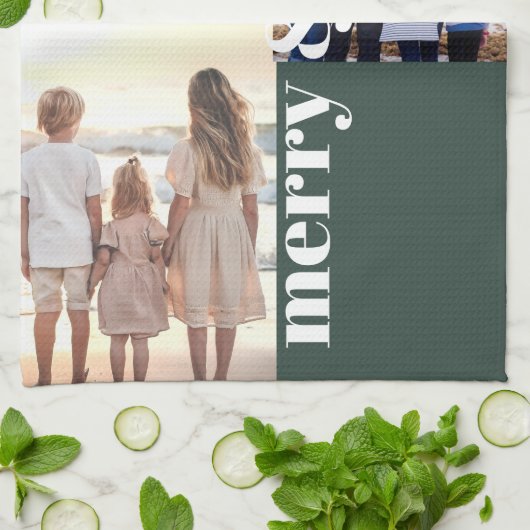 Merry & Blessed Family Christmas Photo Green Theedoek (Gevouwen)