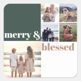 Merry & Blessed Family Christmas Photo Green Vierkante Sticker