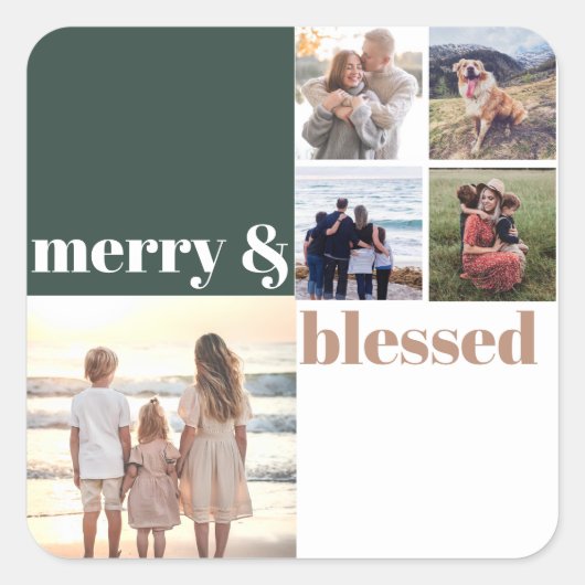 Merry & Blessed Family Christmas Photo Green Vierkante Sticker (Voorkant)