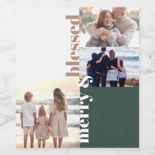 Merry & Blessed Family Christmas Photo Green Wijn Etiket (Enkel label)