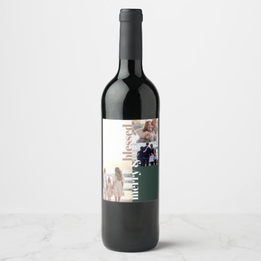 Merry & Blessed Family Christmas Photo Green Wijn Etiket (Voorkant)
