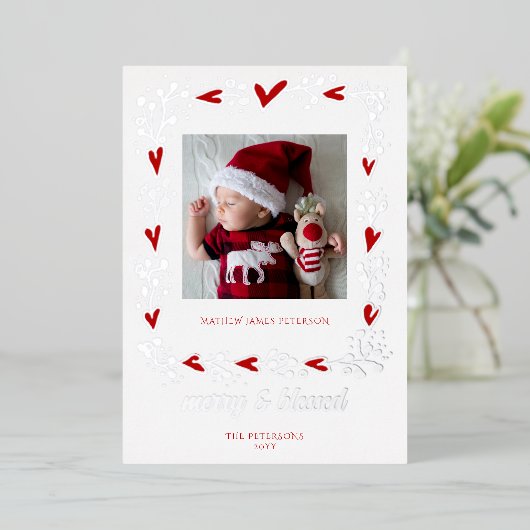 Merry Blessed Rode Harten Vakantie Baby Aankondigi Folie Feestdagenkaart (Staand Voorkant)