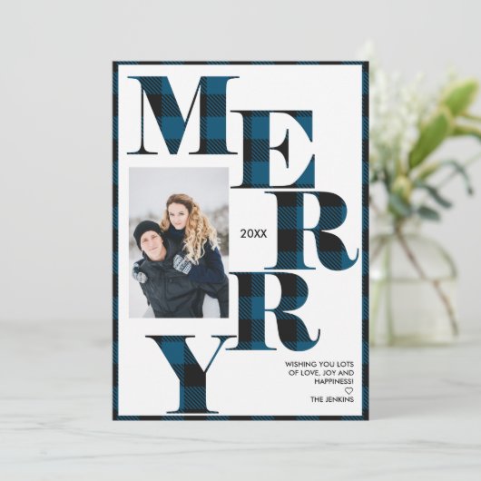 Merry | Blue Buffalo Plays Vertical Photo Holiday Kaart (Staand voorkant)