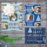 Merry Blue InterGeloof Chrismukkah Assortment Inpakpapier Vel<br><div class="desc">Voeg dit aangepast cadeaukaartje toe met je foto's en een designthema van lichtblauwe Menorahs en kerstbomen voor een soort gepersonaliseerde interreligieuze Chrismukkah-viering. Het verpakken van Papierblad Één wordt geplaatst op een pastelblauwe achtergrond met diepe blauwe typografische tekst afwisselend met twee van uw favoriete foto's die in middelblauw worden opgesteld. Gift...</div>