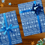 Merry Blue Interreligieuze Childs Name Chrismukkah Cadeaupapier<br><div class="desc">Geef dit artikel van een soort Chrismukkah pakpapier een persoonlijk tintje door de naam van je kind toe te voegen aan de lichtblauwe kerstboom en het Hanukkah Menorah-patroon en iets heel speciaals te creëer onder de boom. Deze schattige inpakbon met bleke blauwe tekst met je eigen namen op een diepgewortelde...</div>