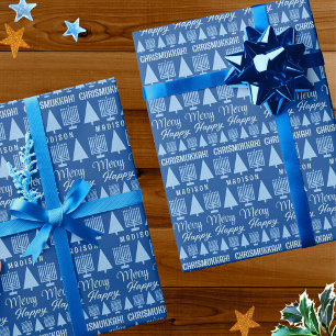 Merry Blue Interreligieuze Childs Name Chrismukkah Cadeaupapier