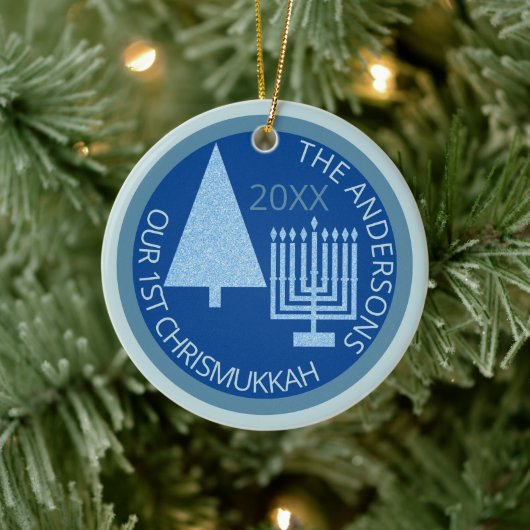 Merry Blue Interreligieuze Cute 1st Chrismukkah Fo Keramisch Ornament (Boom)