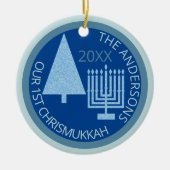Merry Blue Interreligieuze Cute 1st Chrismukkah Fo Keramisch Ornament (Voorkant)