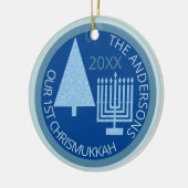 Merry Blue Interreligieuze Cute 1st Chrismukkah Fo Keramisch Ornament (Links)