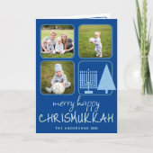 Merry Blue Interreligieuze Cute Handwriting 3 Foto Feestdagen Kaart (Voorkant)