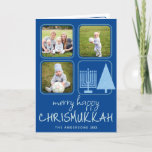 Merry Blue Interreligieuze Cute Handwriting 3 Foto Feestdagen Kaart<br><div class="desc">Aangepaste Merry Happy Chrismukkah-kerstkaarten met je foto's zijn een schattige manier om vakantiewenk te verspreiden tijdens de feestdagen. Dit unieke ontwerp is creëer met interreligieuze families in gedachten en bevat leuke casual handgeschreven stijllettertypen in bleek blauw op een rijke koninklijke blauwe achtergrond, drie van uw favoriete foto's en een moderne...</div>