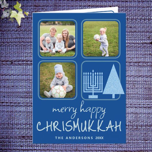 Merry Blue Interreligieuze Cute Handwriting 3 Foto Feestdagen Kaart