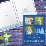 Merry Blue Interreligieuze Cute Handwriting 3 Foto Feestdagen Kaart<br><div class="desc">Aangepaste Merry Happy Chrismukkah-kerstkaarten met je foto's zijn een schattige manier om vakantiewenk te verspreiden tijdens de feestdagen. Dit unieke ontwerp is creëer met interreligieuze families in gedachten en bevat leuke casual handgeschreven stijllettertypen in bleek blauw op een rijke koninklijke blauwe achtergrond, drie van uw favoriete foto's en een moderne...</div>