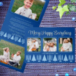 Merry Blue Interreligieuze Elegant Script 4 Foto Drieluik Wenskaart<br><div class="desc">Creëer uw eigen 5 foto drievoudige vakantiekaarten met deze elegante moderne lichtblauwe en donkerblauwe Merry Happy Alles interreligieuze design. Het horizontale ontwerp kenmerkt drie van uw favoriete afbeeldingen op de voorzijde, met rond gemaakte hoeken en met een dun middelblauw lijst op een rijke koninklijke koninklijke blauwe achtergrond. Het aanpassen van...</div>