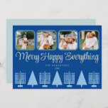 Merry Blue Interreligieuze Menorah Tree Cute 4 Fot Feestdagenkaart<br><div class="desc">Pas deze vier fotocollage-vakantiekaarten aan in een eenvoudig pastelblauw en donkerblauw Merry Happy Alles-interreligieus ontwerp. Een elegant gestileerde manuscriptdoopvont in bleek blauw met een lichte dalingsschaduw in donkere marine voegt rente toe en de rij van vijf lichtblauwe Menorahs en vier passende kerstbomen maken deze vlakke vakantiekaarten een stijlvolle keus voor...</div>