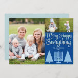 Merry Blue Interreligieuze Tree Menorah Cute 3 Fot Feestdagenkaart<br><div class="desc">De malplaatjes van de foto maken het ontwerpen van uw eigen 3 fotocollage vakantiekaarten een breuk met dit moderne elegante manuscript Merry Happy Alles ontwerp in pastelblauw en donkerblauw. Voeg uw favoriete grote foto links van deze douanekaarten toe en voeg dan twee kleinere afbeeldingen op het hogere recht boven MERRY...</div>