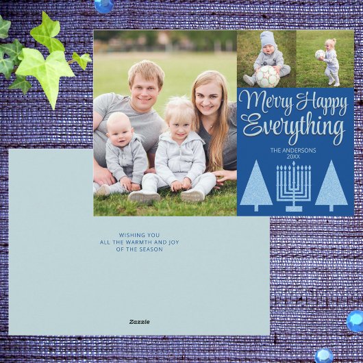 Merry Blue Interreligieuze Tree Menorah Cute 3 Fot Feestdagenkaart