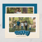 Merry Blue Retro Script Christmas Photo Feestdagenkaart (Voorkant / Achterkant)