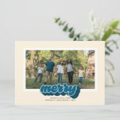 Merry Blue Retro Script Christmas Photo Feestdagenkaart (Staand voorkant)