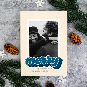 Merry Blue Retro Script Kerst Foto Feestdagenkaart
