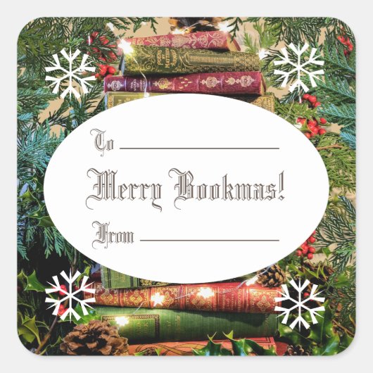 Merry Bookmas. Bladstack Square Sticker (Voorkant)