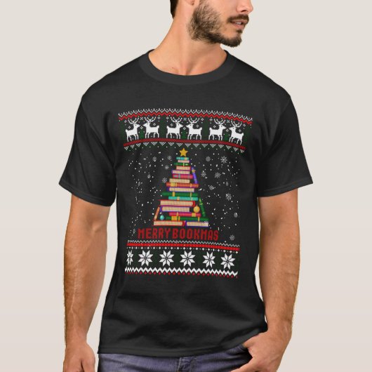 Merry Bookmas Books Pine Tree Reading Lover T-shirt (Voorkant)