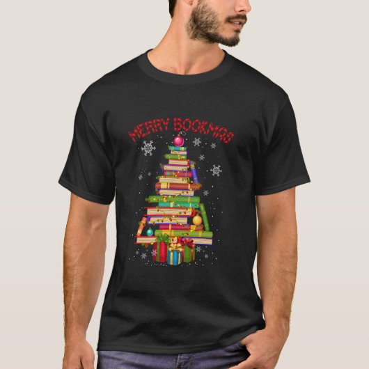 Merry Bookmas Books Pine Tree Reading Lover T-shirt (Voorkant)