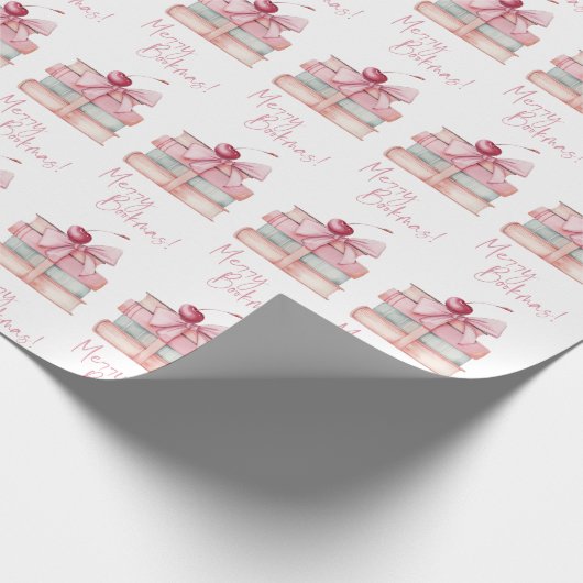Merry Bookmas Coquette Bow Book Stack Cherry Cadeaupapier (Hoek)