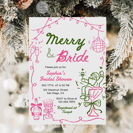 Merry & Bride Hand Drawn Christmas Bridal Shower Kaart