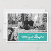 Merry & Bright 3 Foto Blauwgroen feestdag groet Feestdagenkaart (Voorkant)