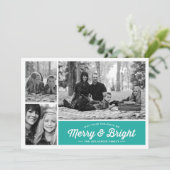 Merry & Bright 3 Foto Blauwgroen feestdag groet Feestdagenkaart (Staand voorkant)