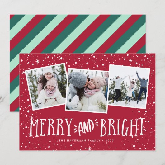 Merry & Bright | 3 Foto-collage Feestdagenkaart (Voorkant / Achterkant)