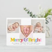 Merry Bright 3 Foto Holiday Geboorteaankondiging Feestdagenkaart (Staand voorkant)