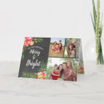 Merry Bright 3 Photo Chalkboard Floral Kerstmis Feestdagen Kaart<br><div class="desc">Deze elegante en moderne aanpasbare drie foto Merry en felle waterverf kerstkaart kenmerkt kleurrijke afbeeldingen van wiegjes, groenen, pinken, sinaasappels, en geelglanzen op een krijtbordachtergrond met trendy krijt-type manuscript. Deze kaart is gemakkelijk om met uw eigen foto's en namen aan te passen! Het kerstbericht in kan ook worden aangepast. Een...</div>