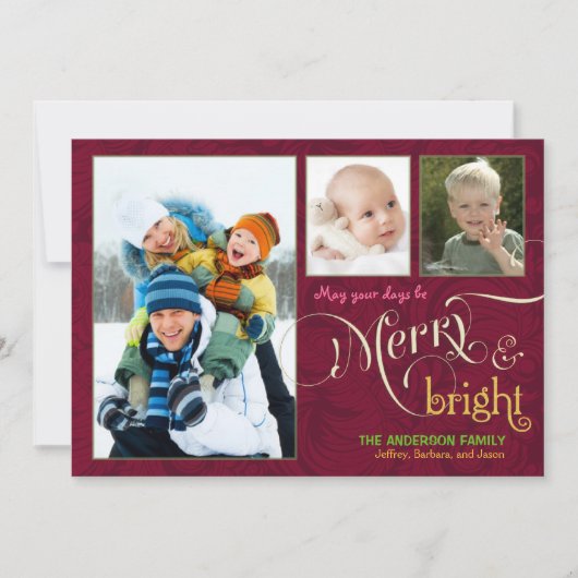 Merry & Bright 3-Photo Flat Card Cranberry Red Feestdagenkaart (Voorkant)